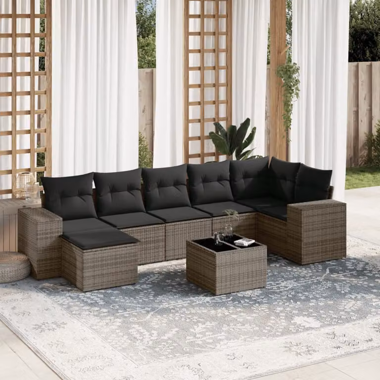 vidaXL Set Divano da Giardino a L 8 pz in Polyrattan Grigio con Cuscini e Tavolino da Caffè