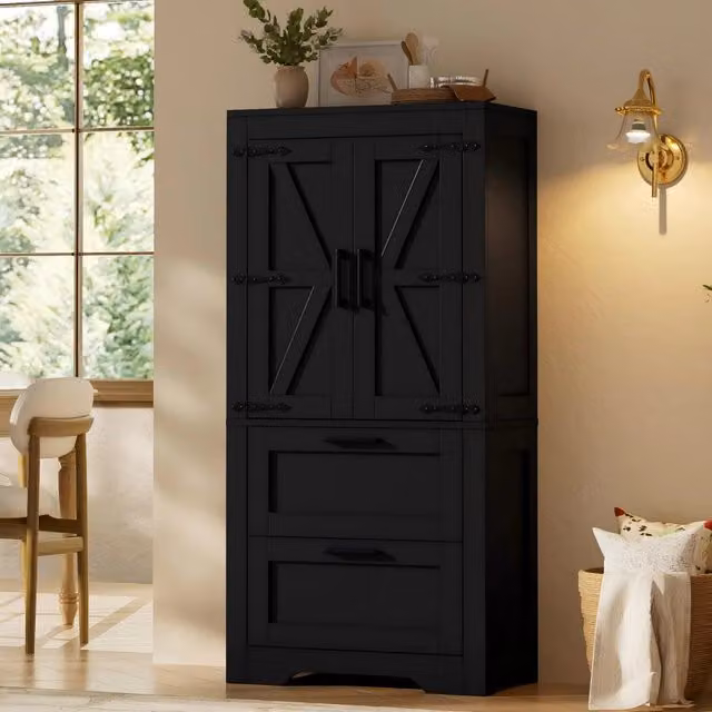 Armadio contenitore con ante stile fienile; 2 cassetti e ripiani regolabili in MDF e PB nero 60 × 30 × 128 cm