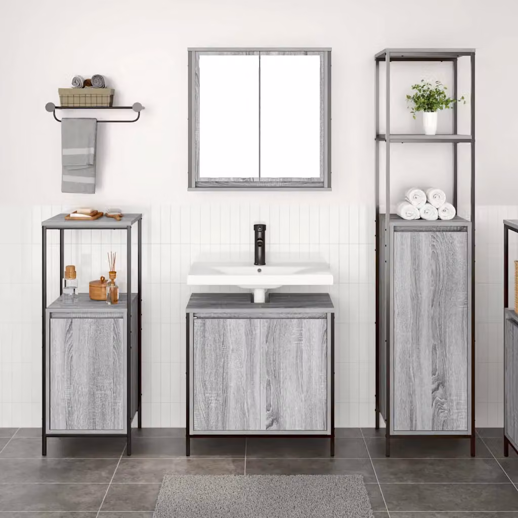 Set di mobili per il bagno moderno vidaXL in 3 pezzi Grigio e Nero con vanità, specchio e scaffali interni