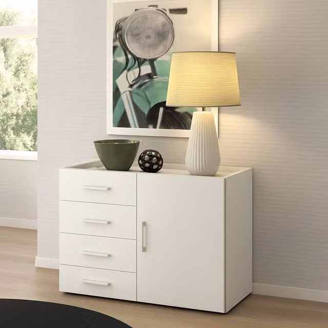 Credenza Aracnida DMORA, Mobile buffet con 1 anta e 4 cassetti, Madia da soggiorno bianca, L: 90 cm, P: 41 cm, H: 87 cm