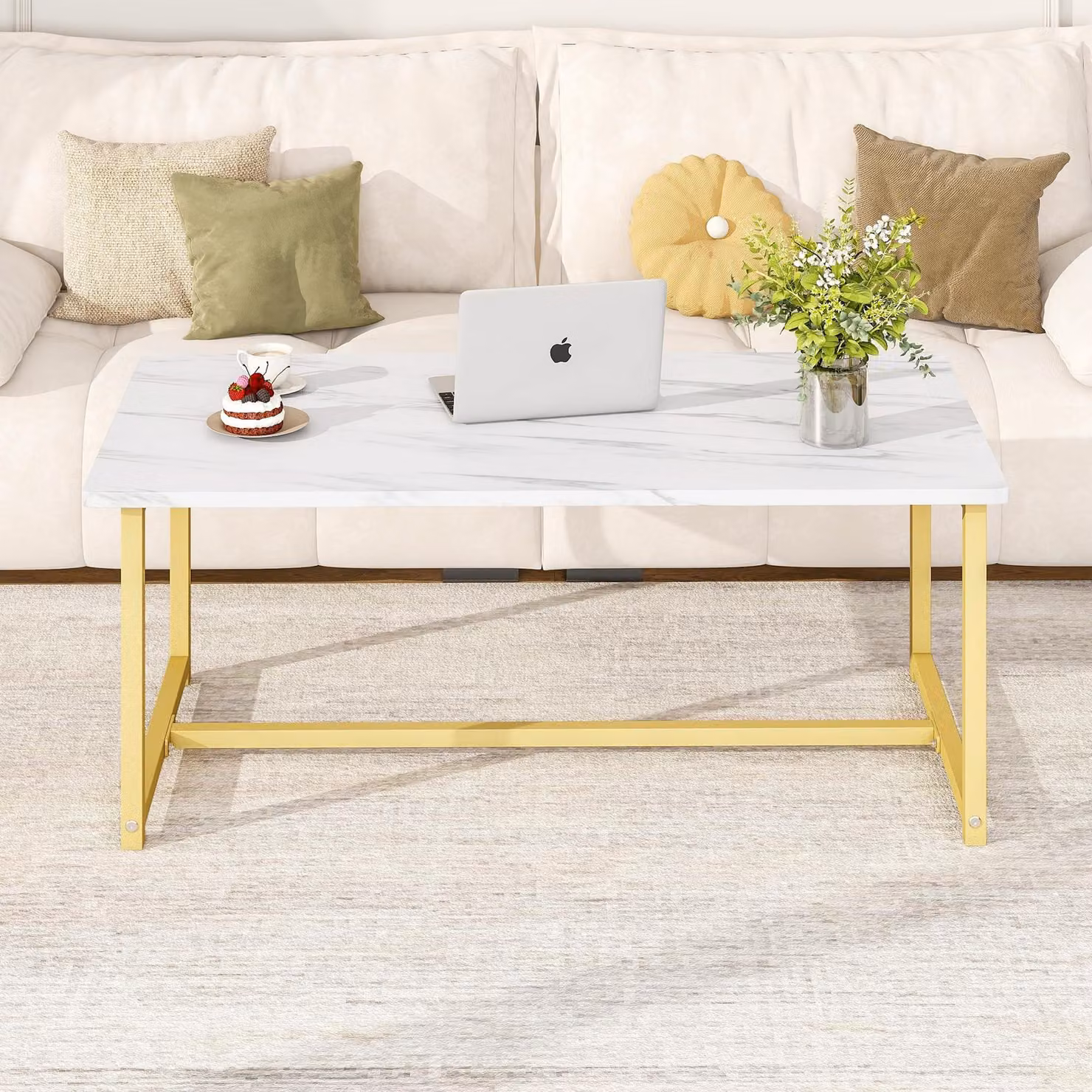 Omgoods - Tavolino da soggiorno moderno con struttura in metallo e piano in legno