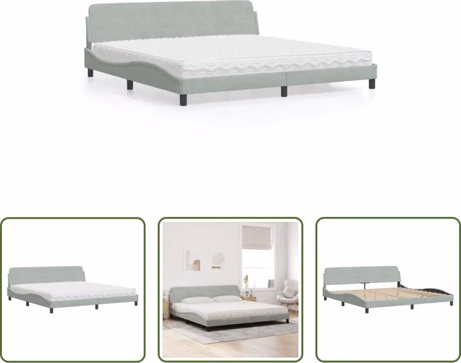 The Living Store Letto con materasso grigio chiaro 200x200 cm in velluto