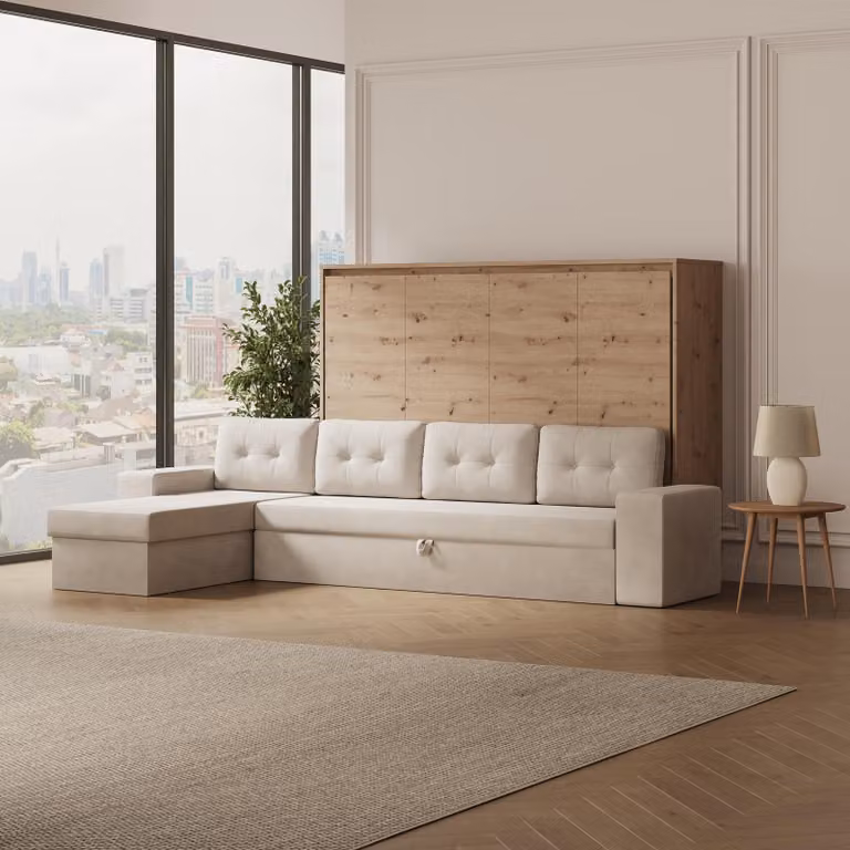 SMARTBett Letto a scomparsa M2 Orizzontale 140x200 con divano ad angolo grigio sabbia Quercia selvatica