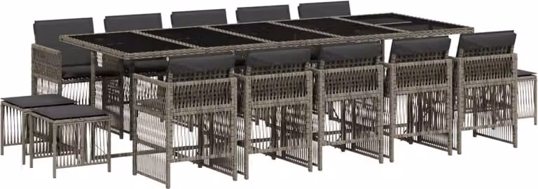 Set da Pranzo da Giardino 15 pz con Cuscini Grigio Polyrattan