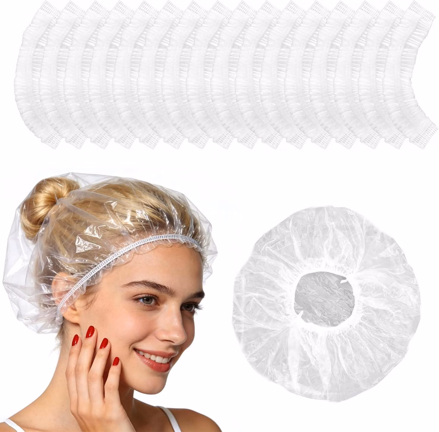 Copricapelli monouso, 100 pezzi, trasparenti, elastici, 42 cm, ideali per parrucchieri e viaggi