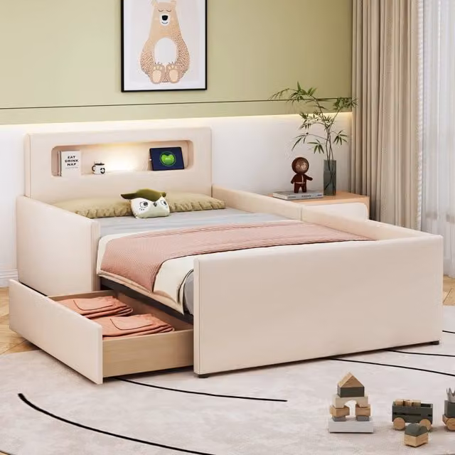 Letto imbottito per bambini 90x200 cm con luce notturna e USB; ecopelle beige
