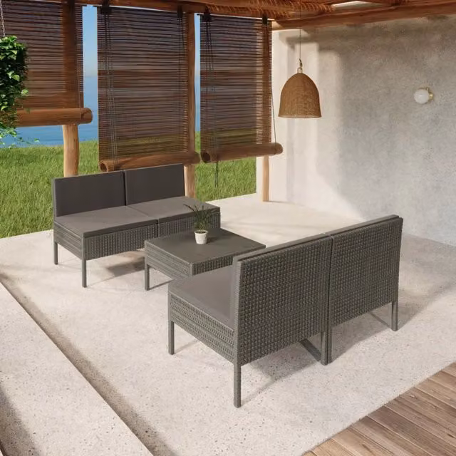 Set da giardino vidaXL composto da 5 pezzi con divani, tavolino da caffè e cuscini in antracite e grigio con struttura in metallo e rattan – 1