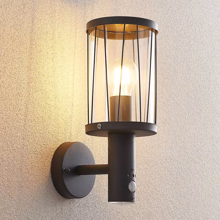 Applique da esterno Lindby Yonan, altezza 34 cm, antracite, sensore Yonan, Nero, Acciaio Inox, Moderno