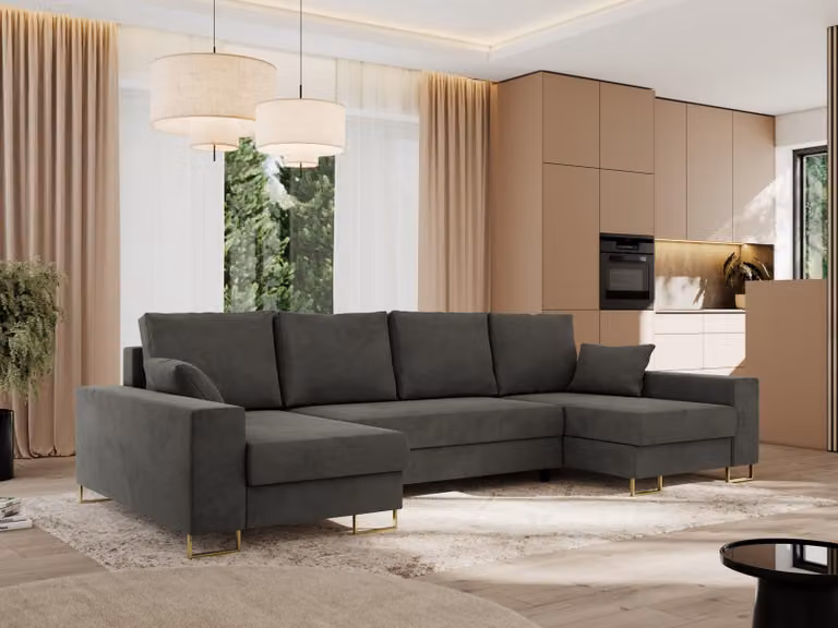 MKS MEBLE Divano angolare a U con funzione letto e rete, zona giorno a U - DORIAN U - Velluto grigio scuro