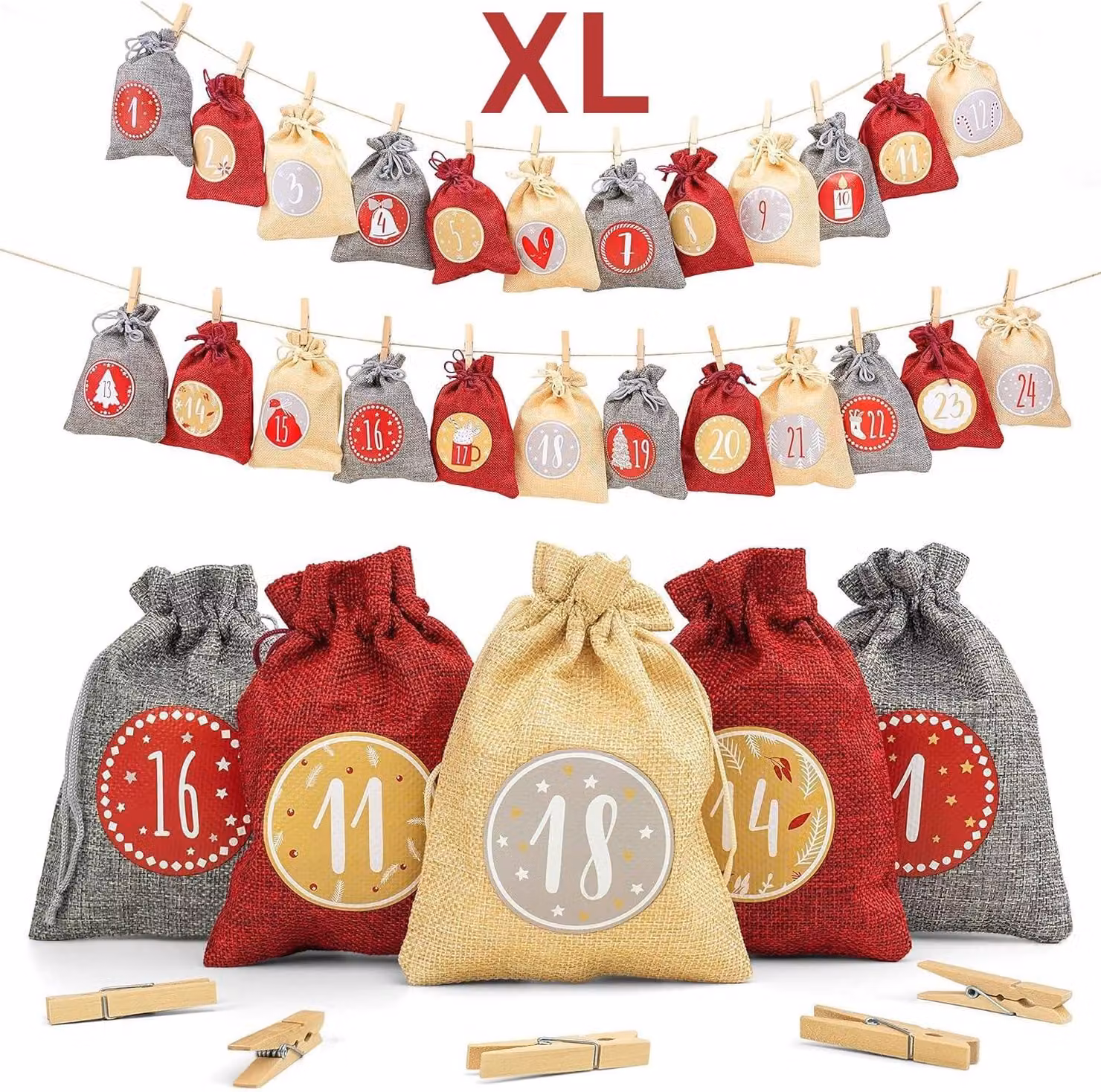 Calendario dell'Avvento da riempire - 24 pezzi - Calendario di Natale 2026 - Sacchetti di juta di 20 x 15 cm - Sacchetti per decorazioni natalizie
