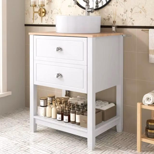 Mobile sottolavabo freestanding con lavabo rotondo in ceramica, due cassetti e vano a giorno, MDF bianco e effetto legno