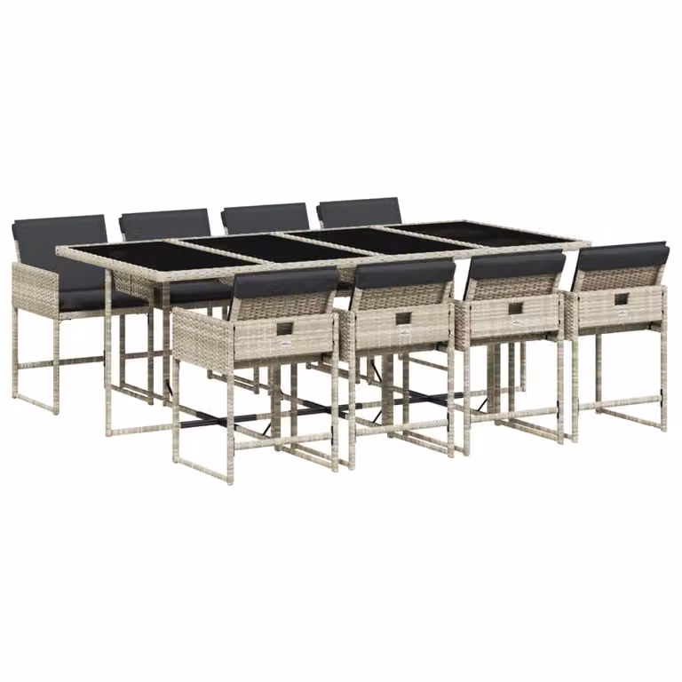 Set Pranzo da Giardino 9pz con Cuscini Grigio Chiaro Polyrattan