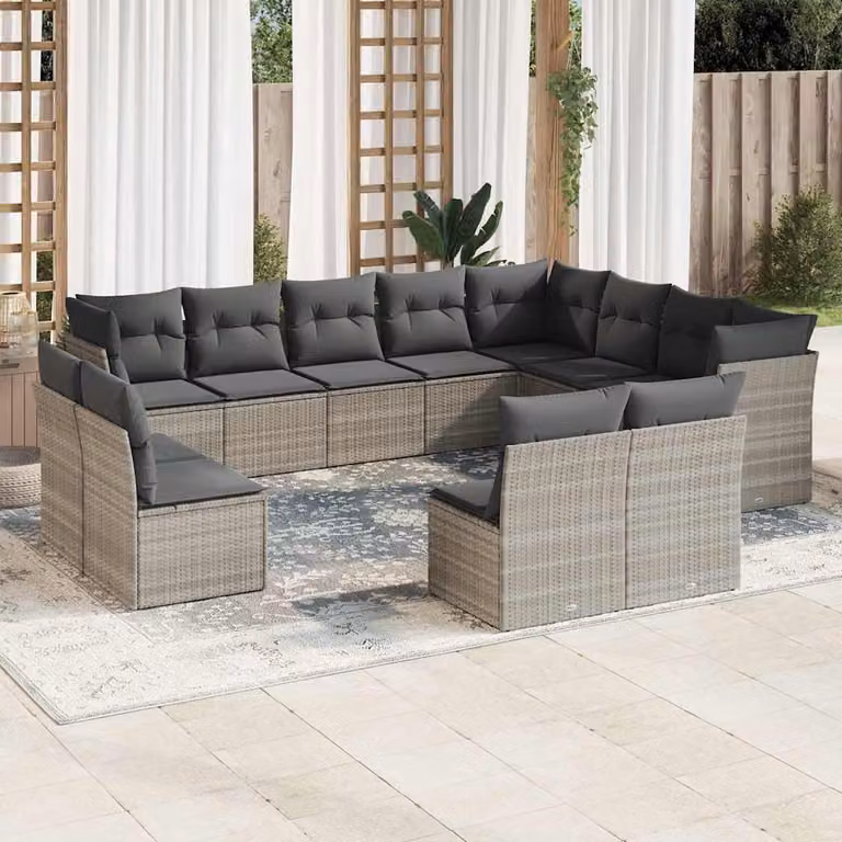 vidaXL Set Divano da Giardino a Forma di U in Polyrattan Grigio con Cuscini Imbottiti e Coperture Rimovibili