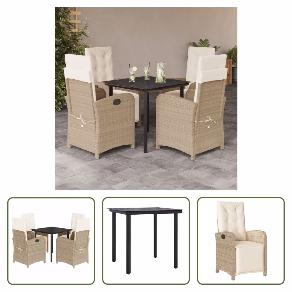 The Living Store Set da pranzo da giardino 5 pezzi con cuscini Beige poly rattan