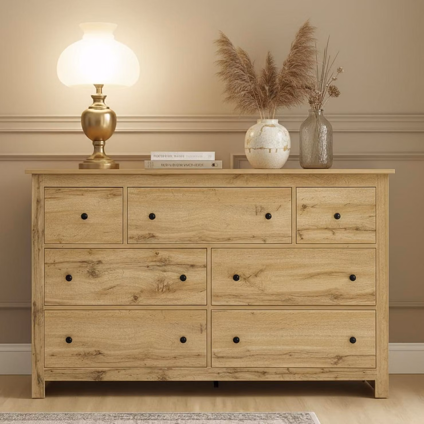 Comò con 7 cassetti, 152 cm, mobiletto contenitore, legno, stile moderno rustico