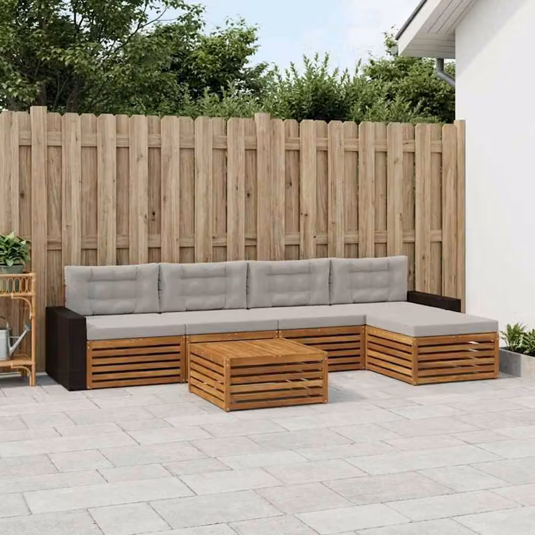 vidaXL Set di divani da esterno a L composto da 6 pezzi in legno di acacia con tavolino e pouf, Colori Beige, Grigio e Marrone