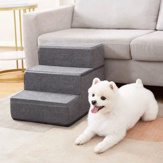 Sistema di scale Pawque per cani e gatti con 3 gradini in legno, antiscivolo e con copertura grigia rimovibile e lavabile
