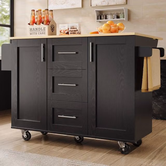 Carrello da cucina con 3 cassetti, ripiani regolabili, piano ribaltabile e portasciugamani, in MDF e metallo, nero