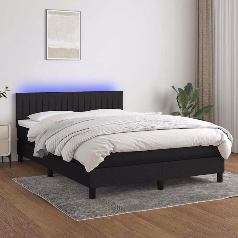Letto a Molle con Materasso vidaXL in Tessuto Nero con Illuminazione LED e Porte USB L: 140 cm, P: 200 cm, H: 88 cm