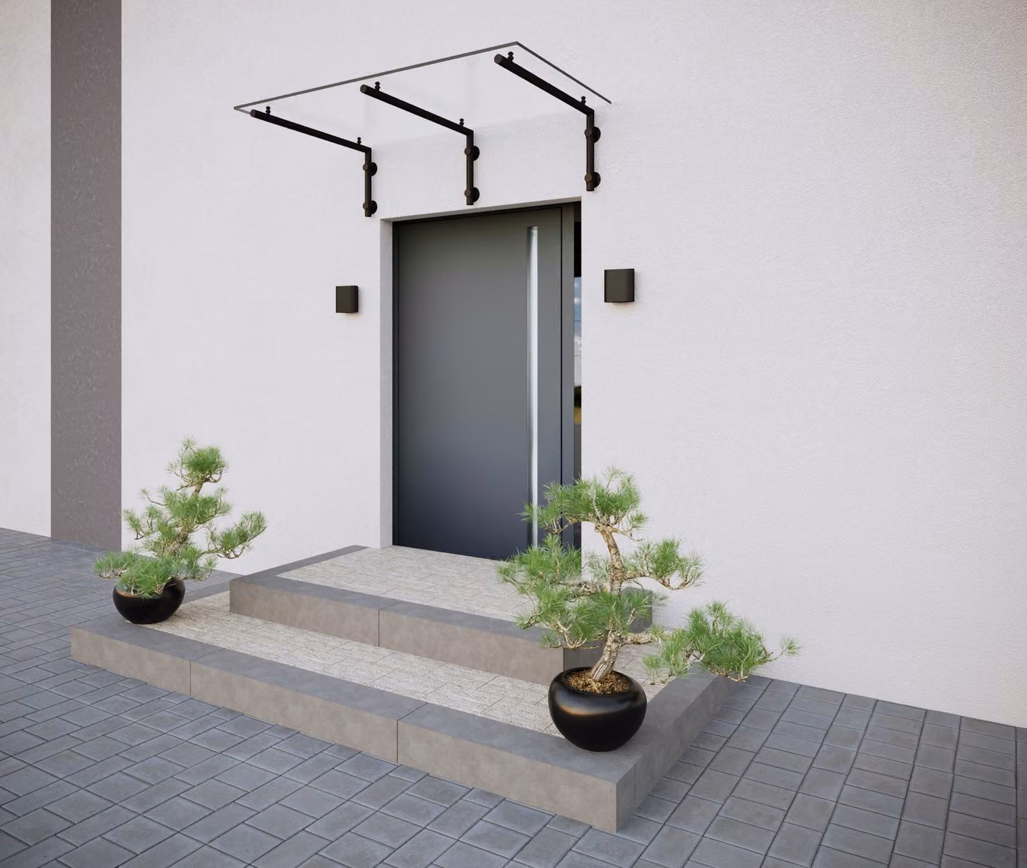 GlasHomeCenter baldacchino in vetro per porte in vetro trasparente 250x90cm supporto in acciaio inox nero