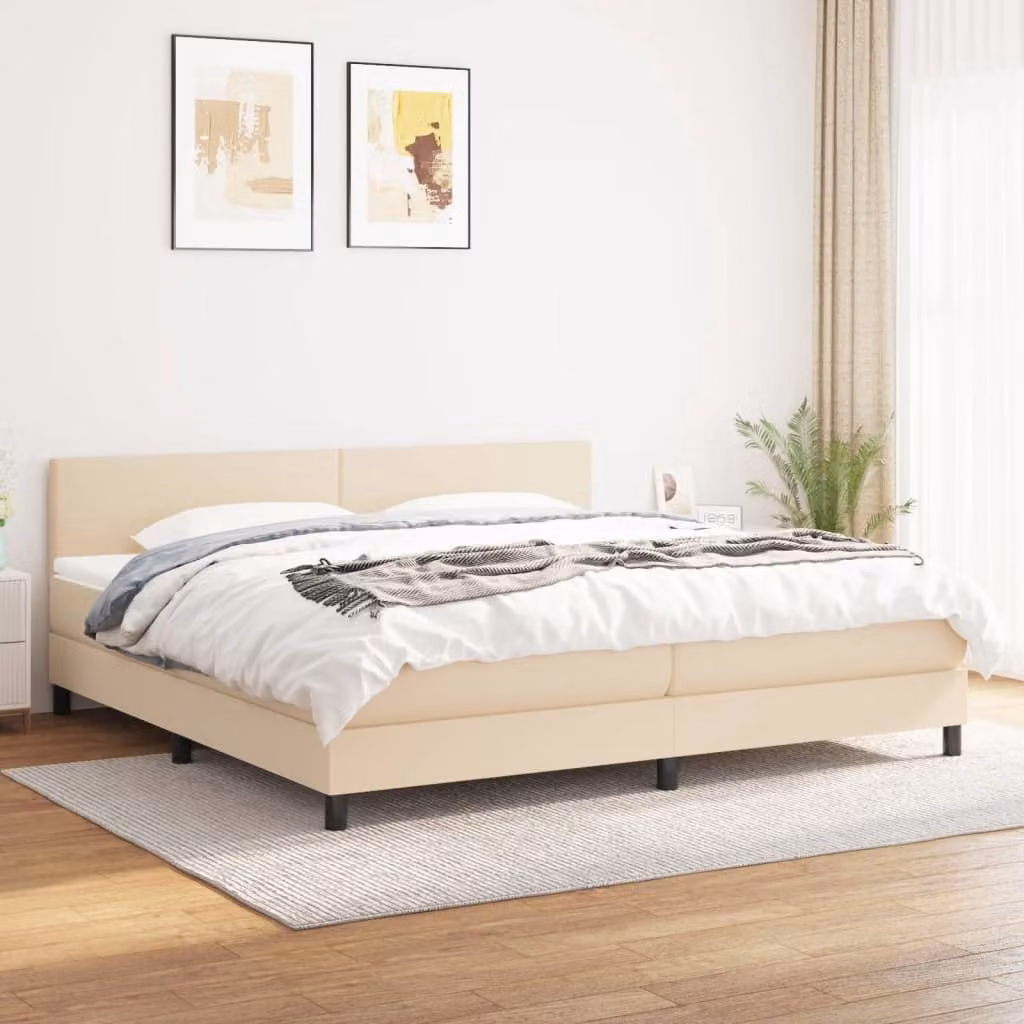 The Living Store Letto a molle con materasso crema 200x200 cm in tessuto