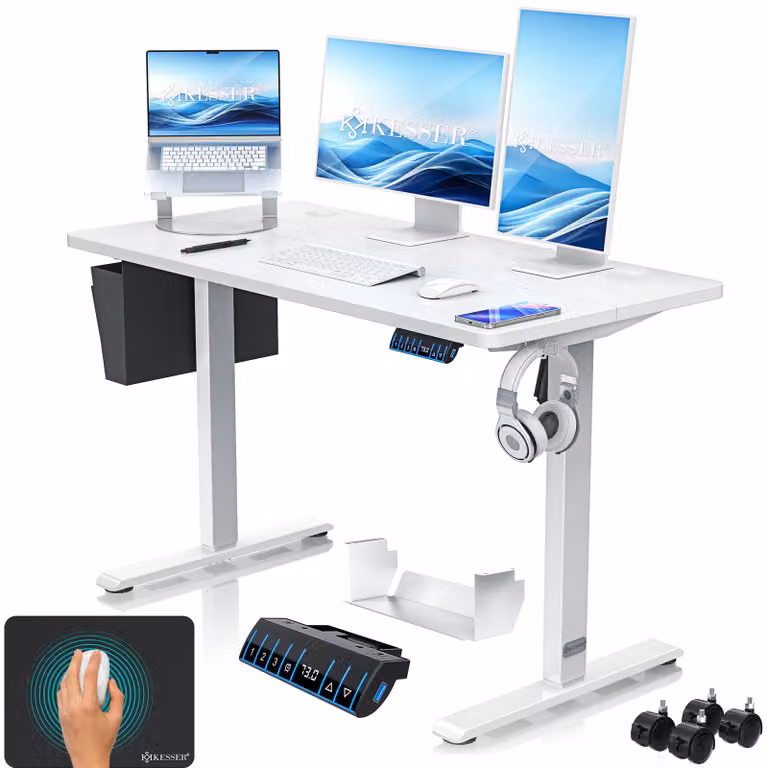 Scrivania regolabile in altezza KESSER®, elettrica, con memoria a 3 posizioni, inclusi rotelle e porta USB