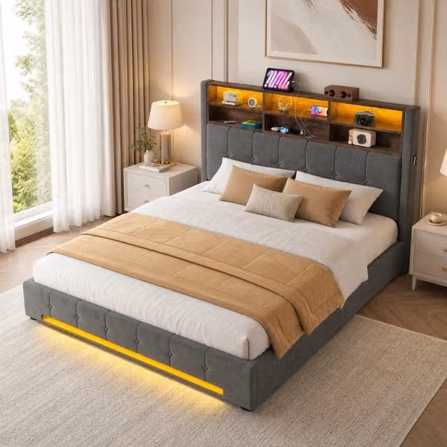 Desviae Lit coffre 180 × 200 cm 2 posti con 6 vani, tasche laterali, USB-C e LED, senza materasso, grigio scuro