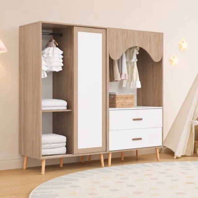 Armadio bambini combinato; ante scorrevoli; guardaroba aperto; cassetti; per la casa moderna; pratico; bianco e effetto legno naturale