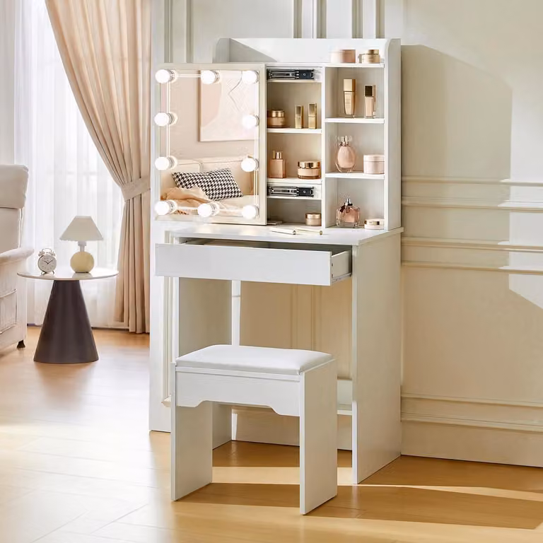 Tavolino da trucco illuminato, bianco. Tavolino per cosmetici con specchio scorrevole, cassetto e ripiani. Tavolino da trucco 60x40x130 cm con poggiapiedi