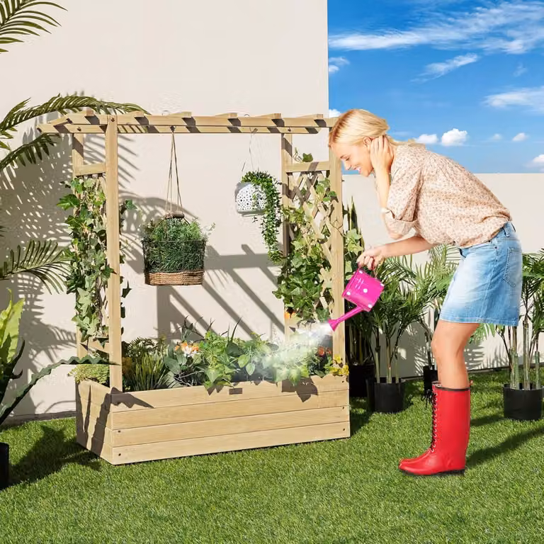 Costway Letto rialzato da giardino in legno marrone con grigliato ad arco per piante rampicanti e fioriera da interno o esterno