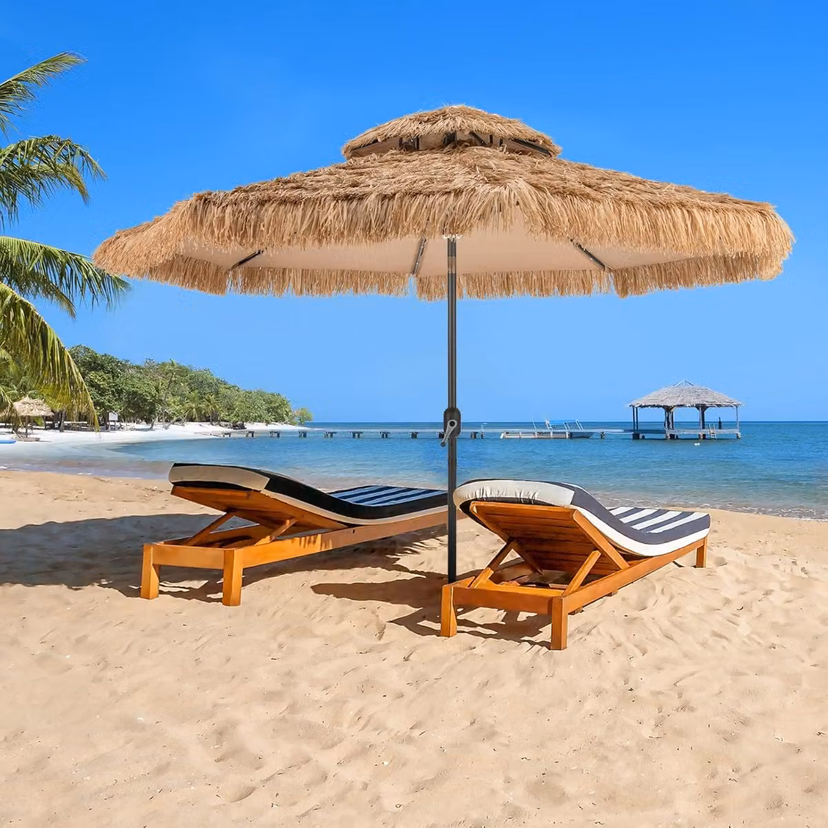 Ombrellone da spiaggia e giardino Costway in stile hawaiano con paglia e luce solare centrale, Colore Naturale e Nero