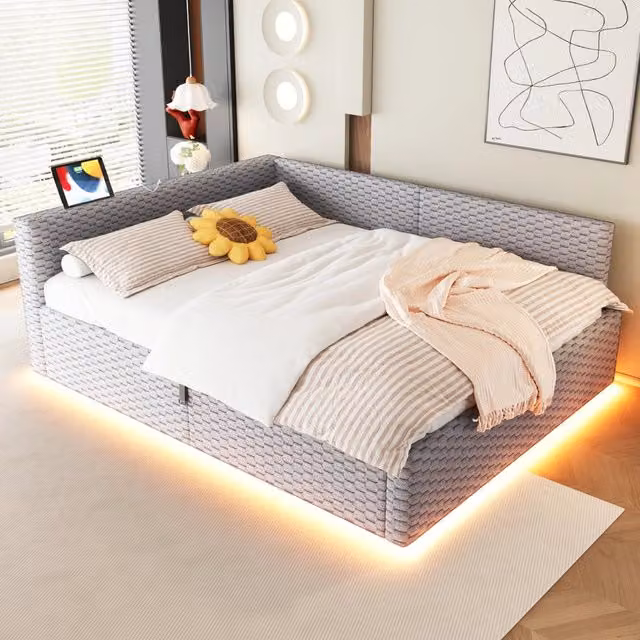 Letto imbottito 140x200 cm con contenitore; LED e ricarica USB-C in velluto grigio