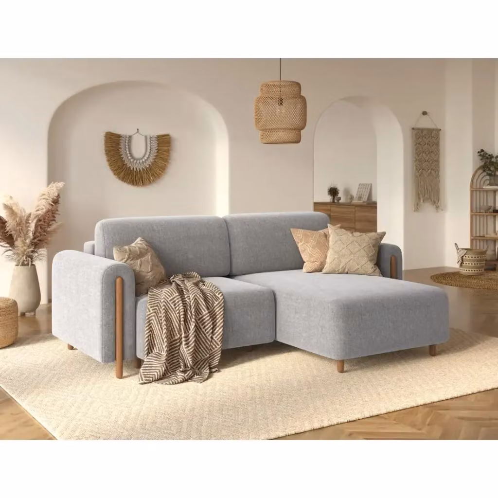 Divano ad angolo convertibile ARVESSA MEUBLORAMA in bouclé grigio con funzione letto e cuscini inclusi, angolo destro, L/P/H: 244 x 154 x 95 cm – 2