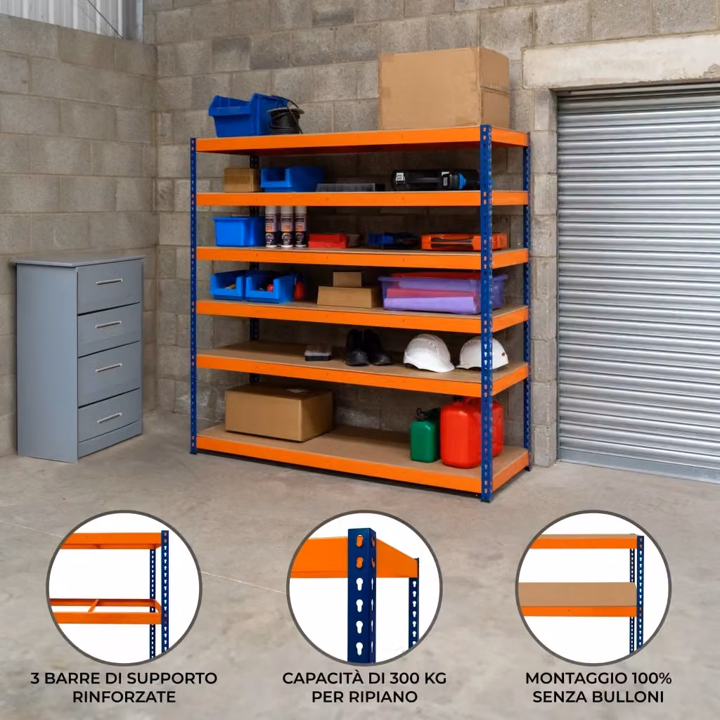 Scaffalatura S-Rax in acciaio con 6 ripiani resistente fino a 300kg per magazzino e officina, colori blu e arancione, H: 180 cm, L: 180 cm, P: 60 cm – 2