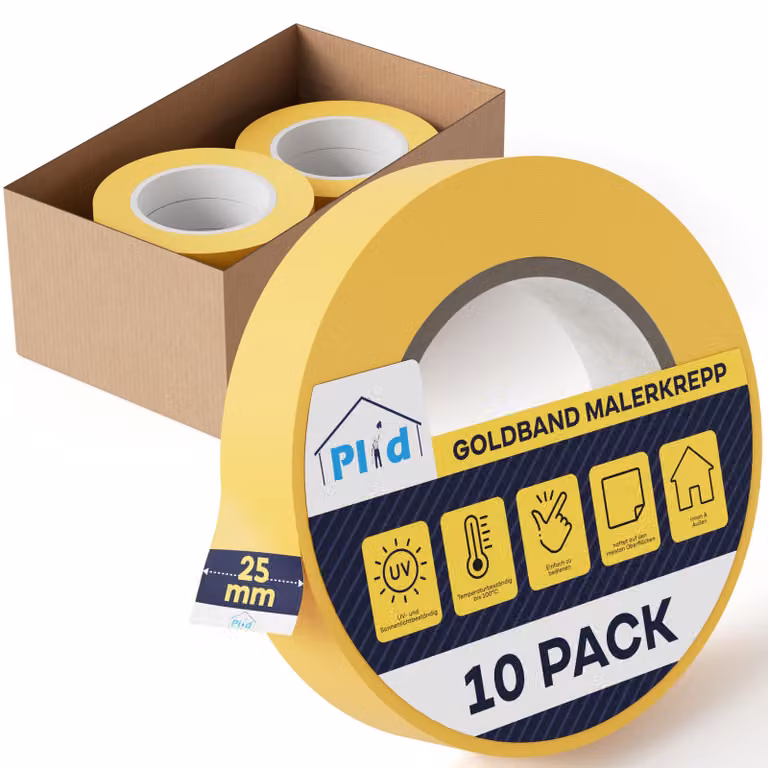 Nastro adesivo per imbianchini Plid Goldband (25 mm x 50 m, 10 rotoli) - Nastro adesivo per imbianchini resistente all'umidità - Per interni ed esterni - Nastro adesivo per imbianchini, impedisce la fuoriuscita della vernice
