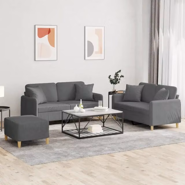 Set di divani 3 pezzi vidaXL in tessuto grigio con cuscini per soggiorno in stile moderno – 1