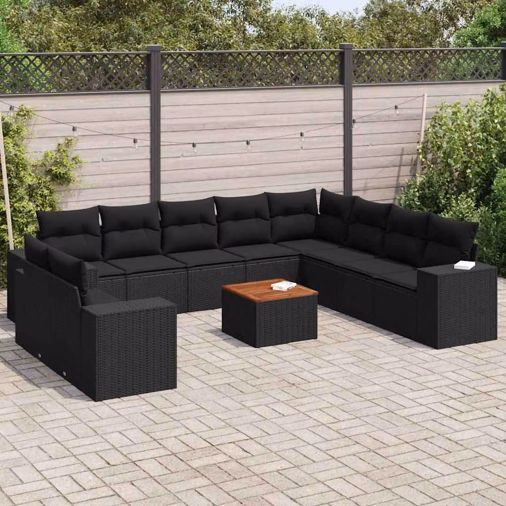 vidaXL Set Divani da Giardino a L 11 pz in Polyrattan Nero con Cuscini e Tavolino – 1