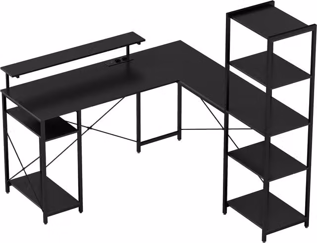 HOMCOM Scrivania a L con stazione di ricarica, scrivania angolare per computer con poggia-monitor e ripiani, per home office, ufficio, nero   Aosom Italy