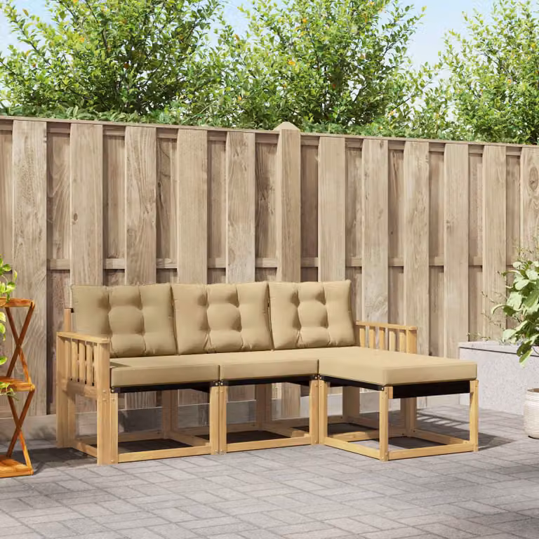 vidaXL Set di divani da esterno a L composto da 4 pezzi in legno di acacia con cuscini, bianco e beige