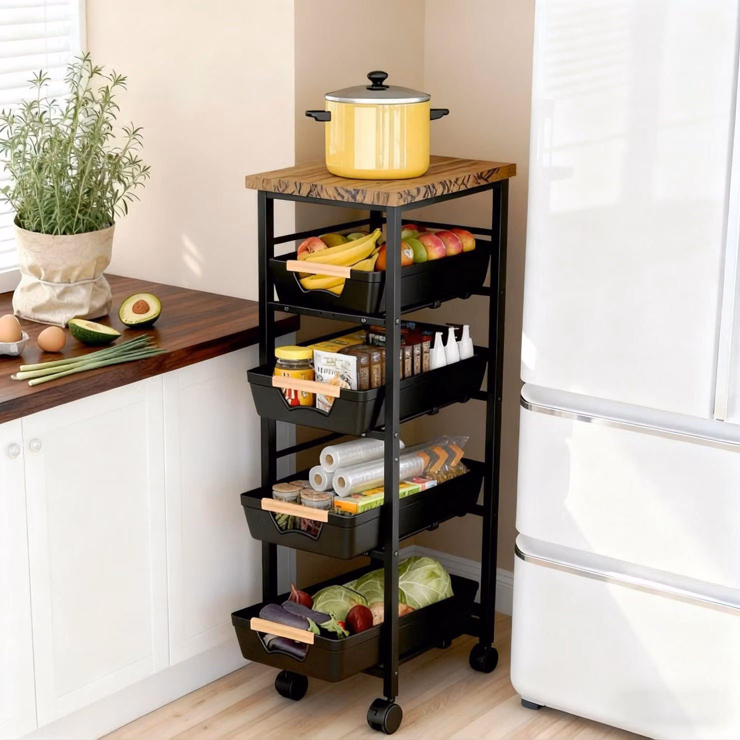 Carrello da cucina con ruote, 5 ripiani, stretto, con cassetti estraibili