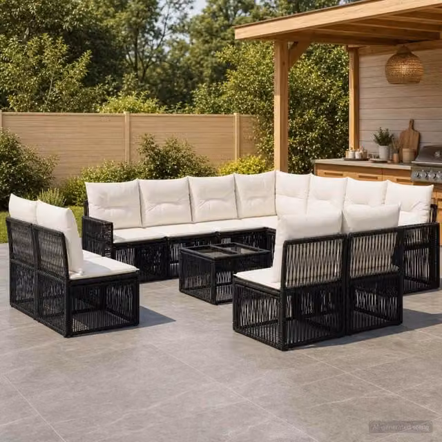 Set Divano da Giardino Moderno vidaXL in Polyrattan con Cuscini, Nero e Bianco – 1