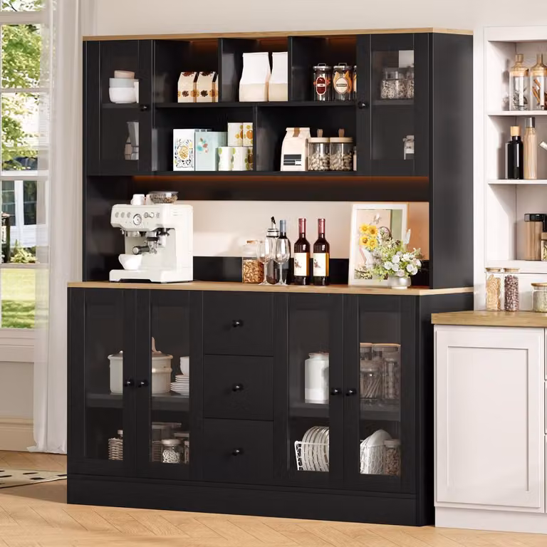 Armadio da cucina con illuminazione a LED e prese elettriche, dispensa con 6 ante e 3 cassetti, dimensioni 150x40x173 cm, colore nero e finitura naturale