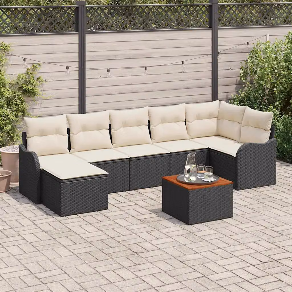 Set Divano da Giardino vidaXL 8 Pezzi in Polyrattan Nero e Beige con Cuscini e Tavolino – 1
