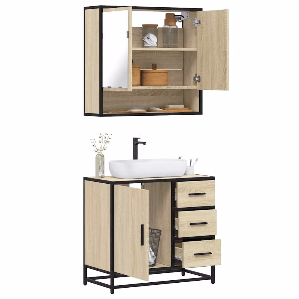 Set di mobili da bagno vidaXL in stile industrial composto da mobile lavabo e armadietto con specchio, colore marrone, con illuminazione LED e montaggio a parete
