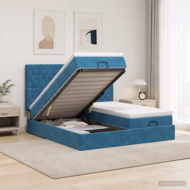 Letto matrimoniale con contenitore a sollevamento vidaXL in velluto blu e bianco L/P/H: 200 x 200 x 88 cm – 1