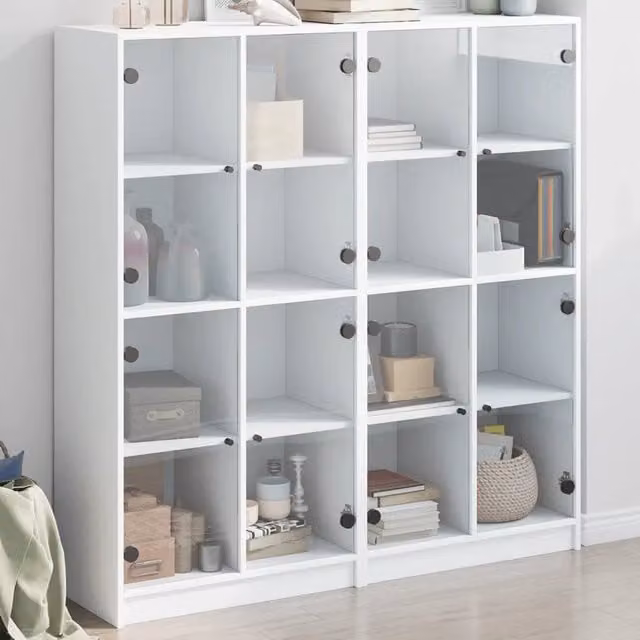 Libreria moderna vidaXL bianca con ante in vetro e ripiani in legno per soggiorno L 136 x P 37 x H 142 cm