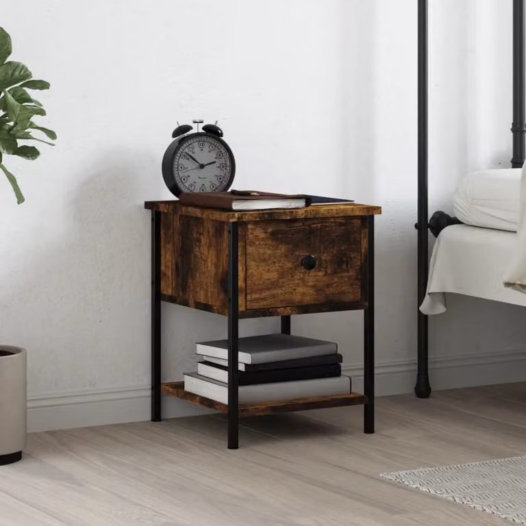 Comodino moderno vidaXL in legno multistrato e metallo, colore rovere fumo, L 34 cm x P 35,5 cm x H 45 cm