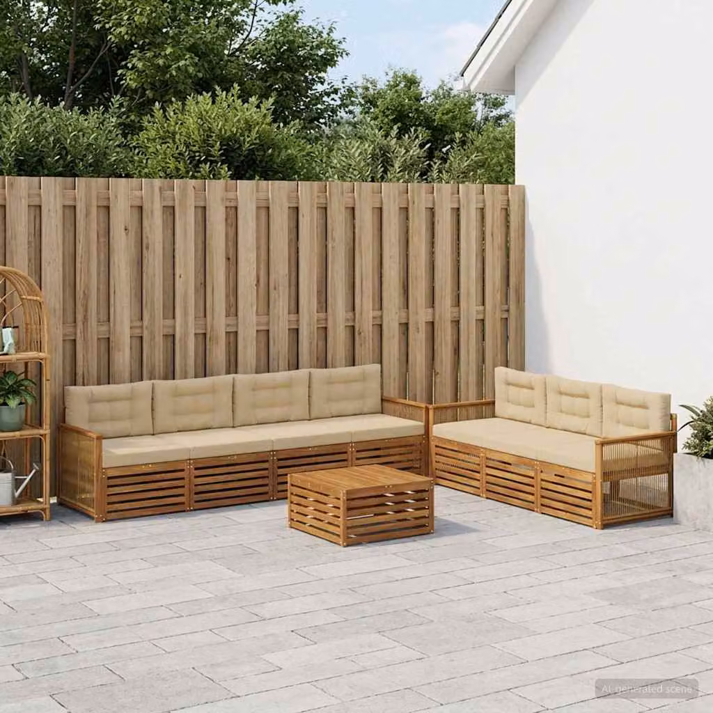 vidaXL Set di divani da esterno 8 pz in legno di acacia con cuscini, Beige e Marrone