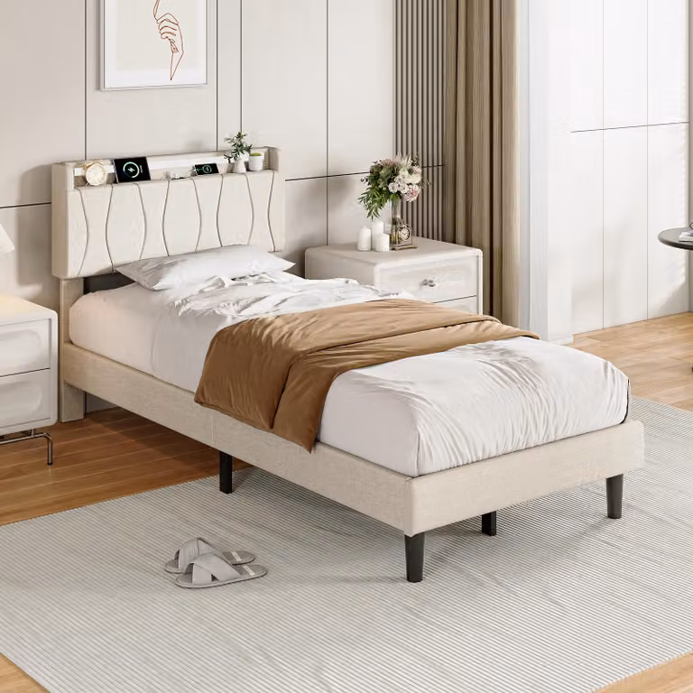 Letto singolo ProximaX, 90x200 cm, color beige, con rivestimento in lino, illuminazione LED, porta USB-C e rete a doghe