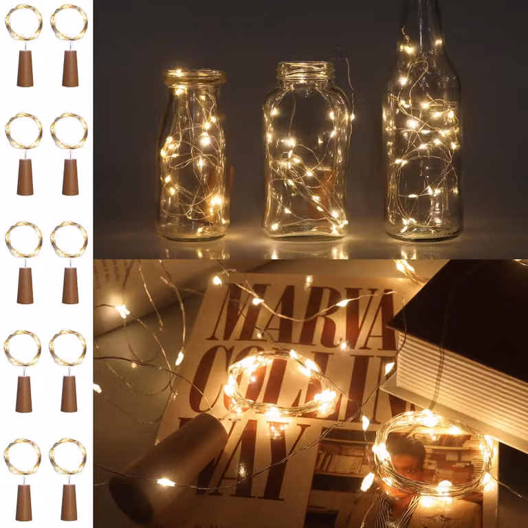 Catena luminosa da 2 metri, con 20 LED, decorata con tappi di sughero, luce bianco caldo, confezione da 10
